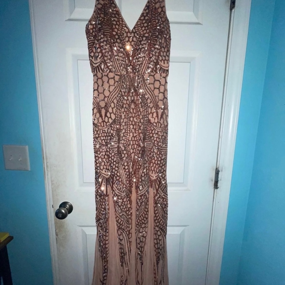 MACY’s rose gold mermaid sequin prom dress